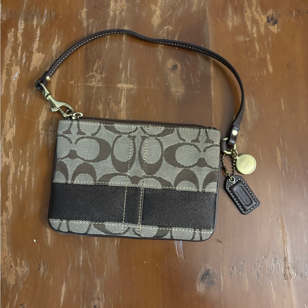 Coach Small Wristlet with Multicolor Striped Interior and Brown Trim
